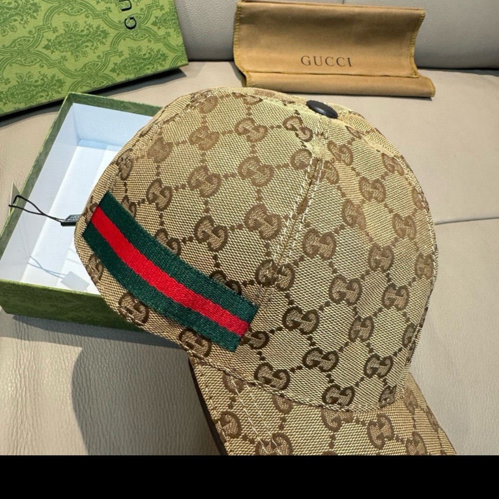 Gucci Tan Monogram Cap with Green and Red Stripe
